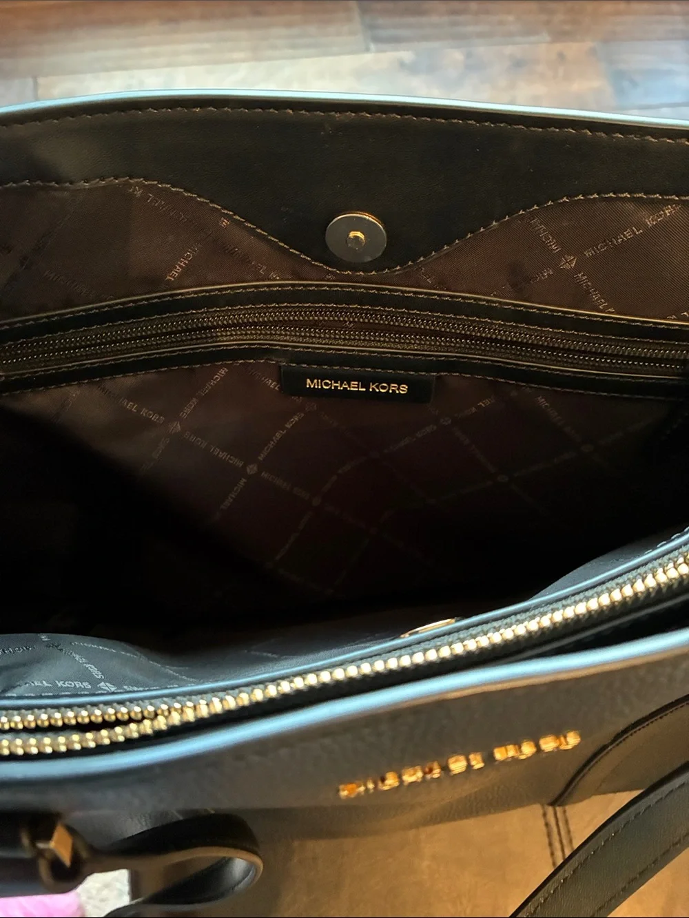 Michael Kors Black Leather Tote with Gold Accent - Picture 3 of 5